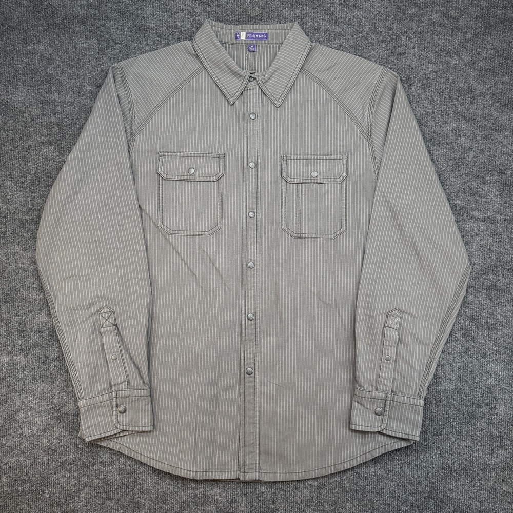 Ibex Organic Men's Button Down Shirt XL Gray Striped Hemp Cotton Long Sleeve